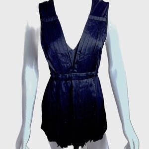 EUC BCBG MA Black V-Neck Silky Blouse with Adjustable Ribbon Sash